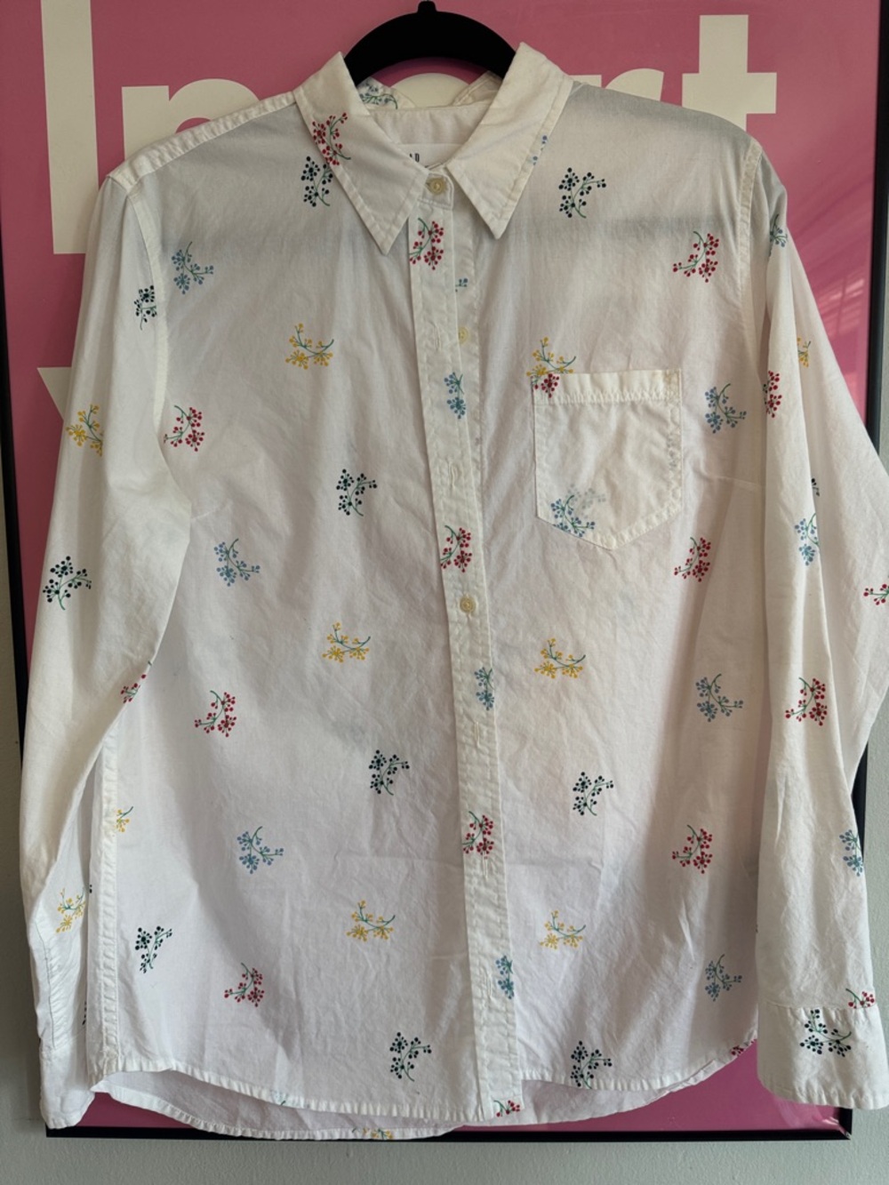 White Button-Down Shirt with Multicolor Floral Motif